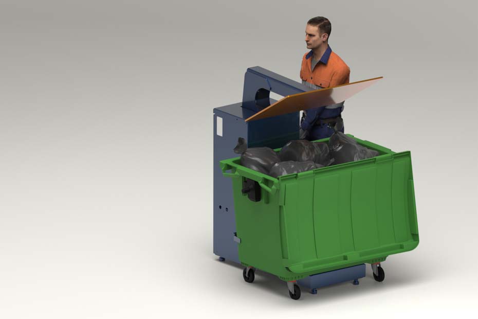an operator compacting waste into a 1100 LTR bin.