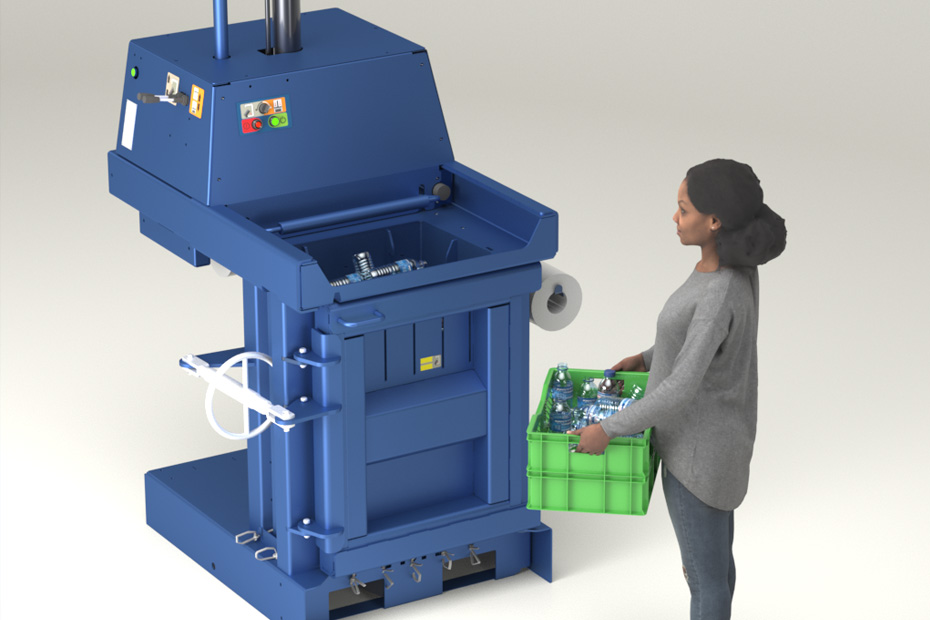 lady loading plastic drinks bottles into a baler