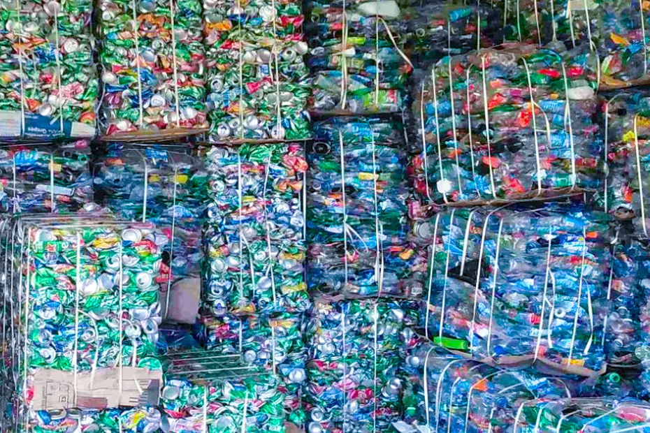 bales of plastic bottles and aluminum cans